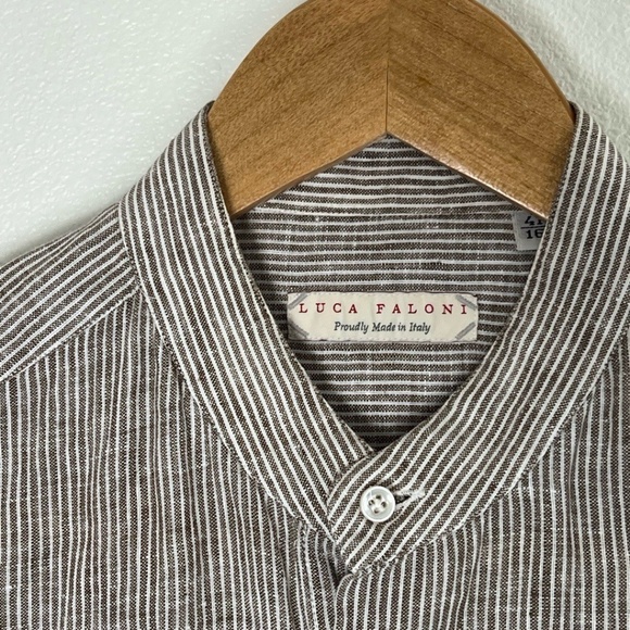Luca Faloni Shirt Mens Size 41/16 Tan White Striped ButtonDown Linen Stand Colla - Picture 2 of 6